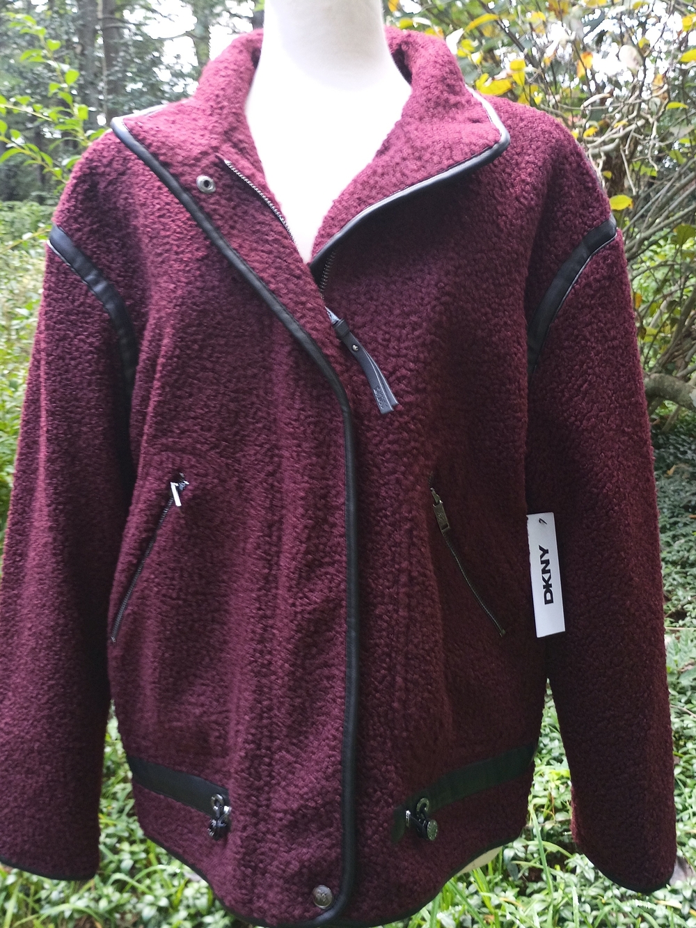 NWT DKNY Burgundy Faux Shearling Faux Leather Trim Moto Jacket Size Large $249